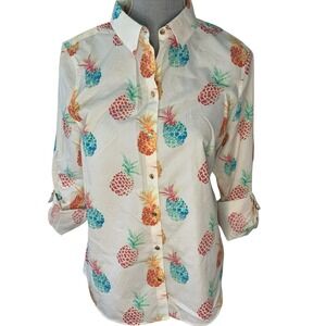 Chicos No Iron Button Up Shirt Top Cotton Sz 1 Medium Pineapple Tropical Coastal